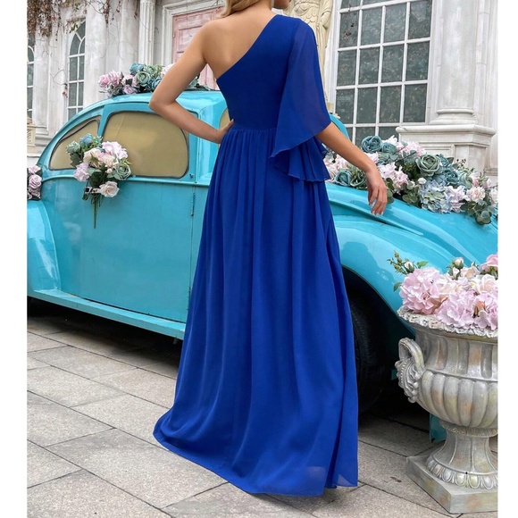 Luxe Royal Blue One Shoulder Party Formal Wedding Dress - Picture 5 of 5
